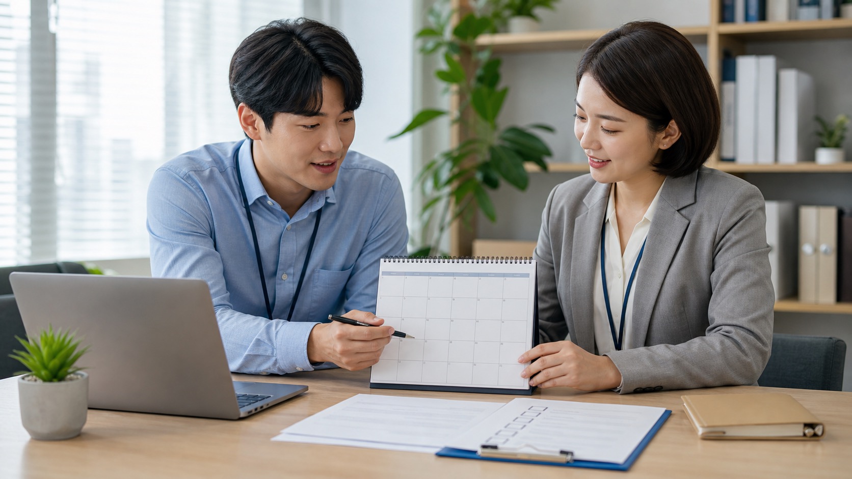직장인과 인사 담당자가 연차 사용 일정을 확인하는 모습