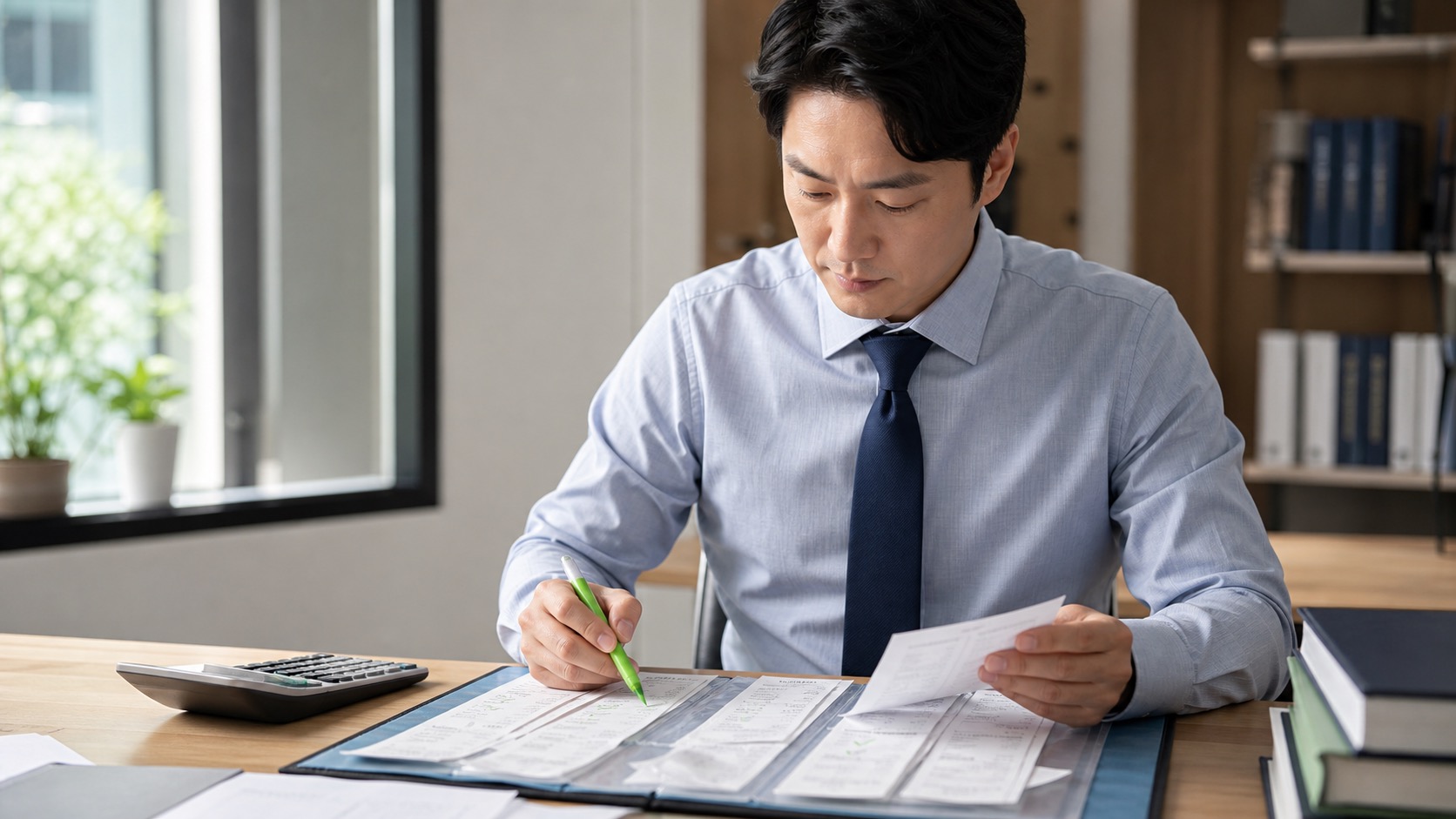 월별 사업용 신용카드 영수증과 계산기를 검토하는 담당자