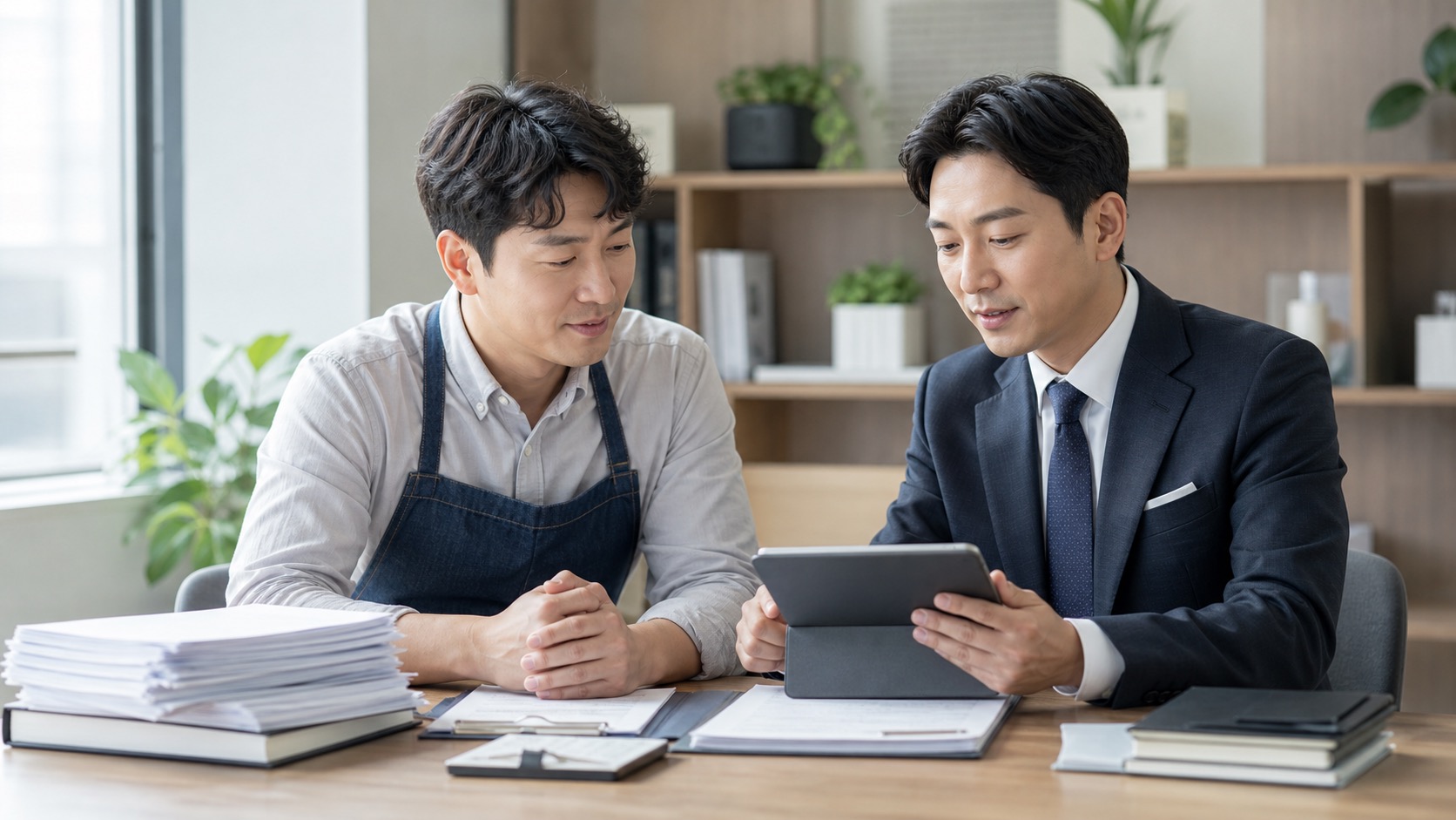 사업용 카드 지출 자료를 세무 상담자와 함께 검토하는 사업자