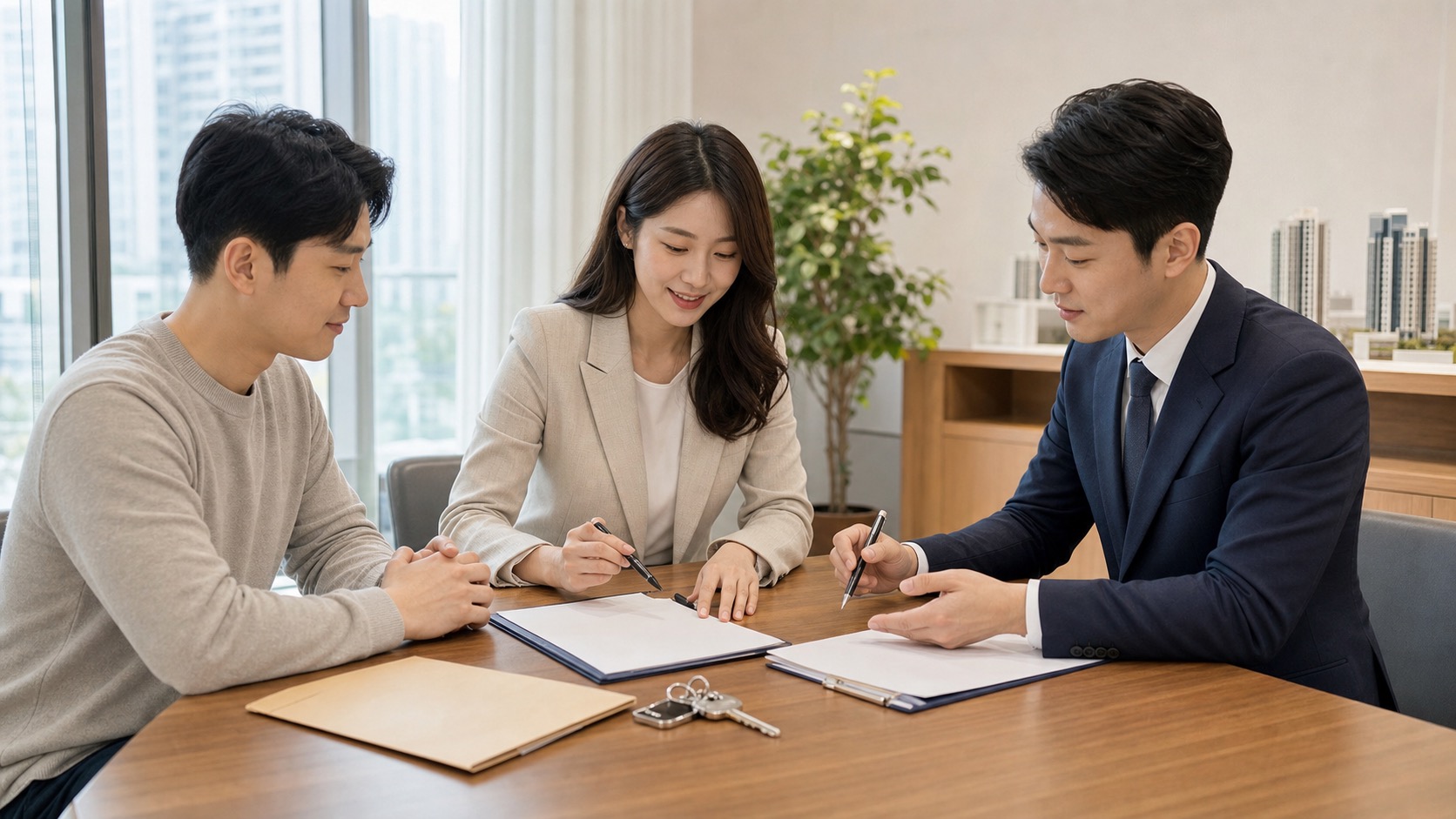 부동산 매도인과 전문가가 중개수수료와 계약 서류를 검토하는 모습