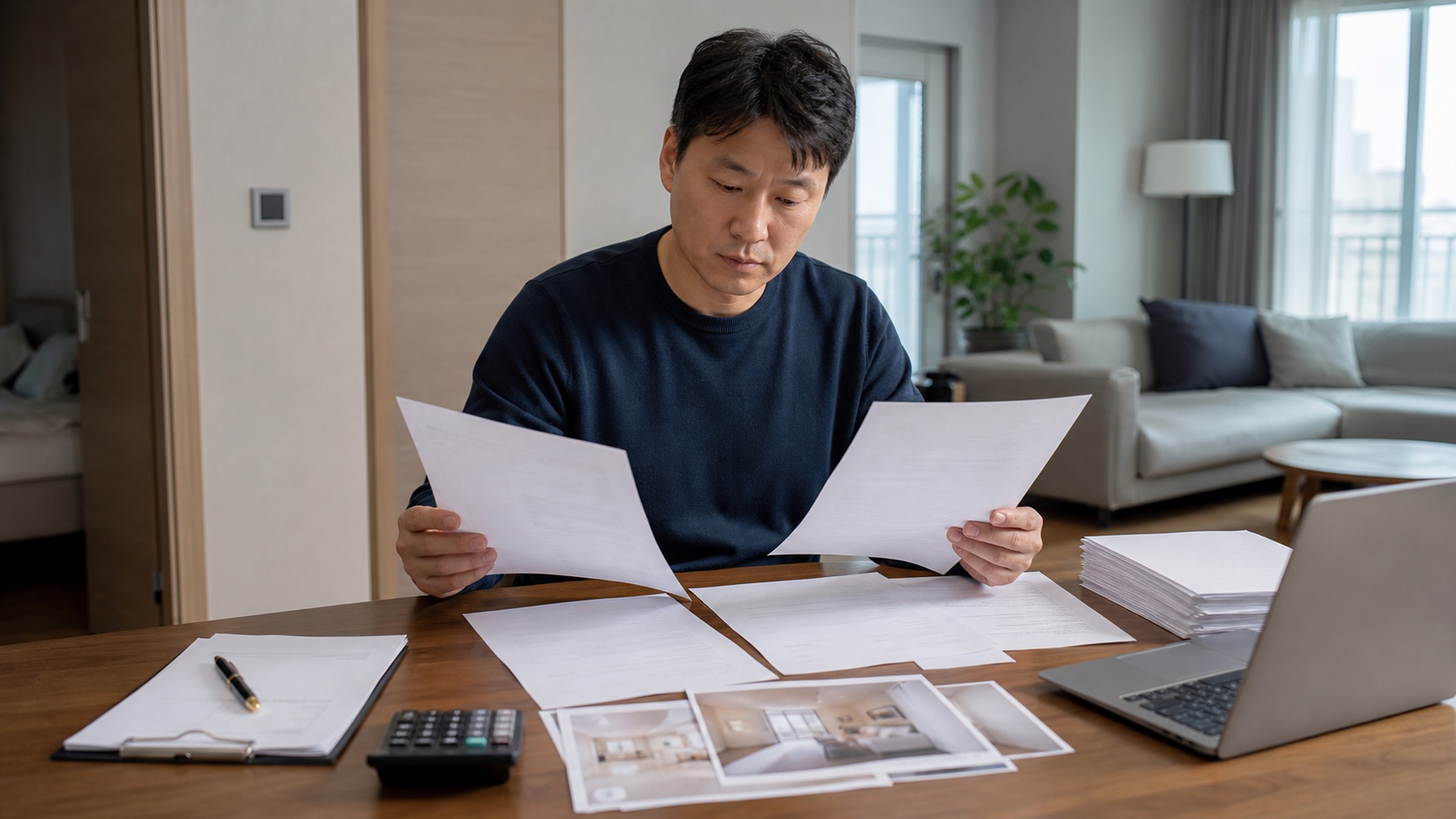 부동산 매매계약서와 비용 영수증을 비교하며 양도소득세를 준비하는 사람