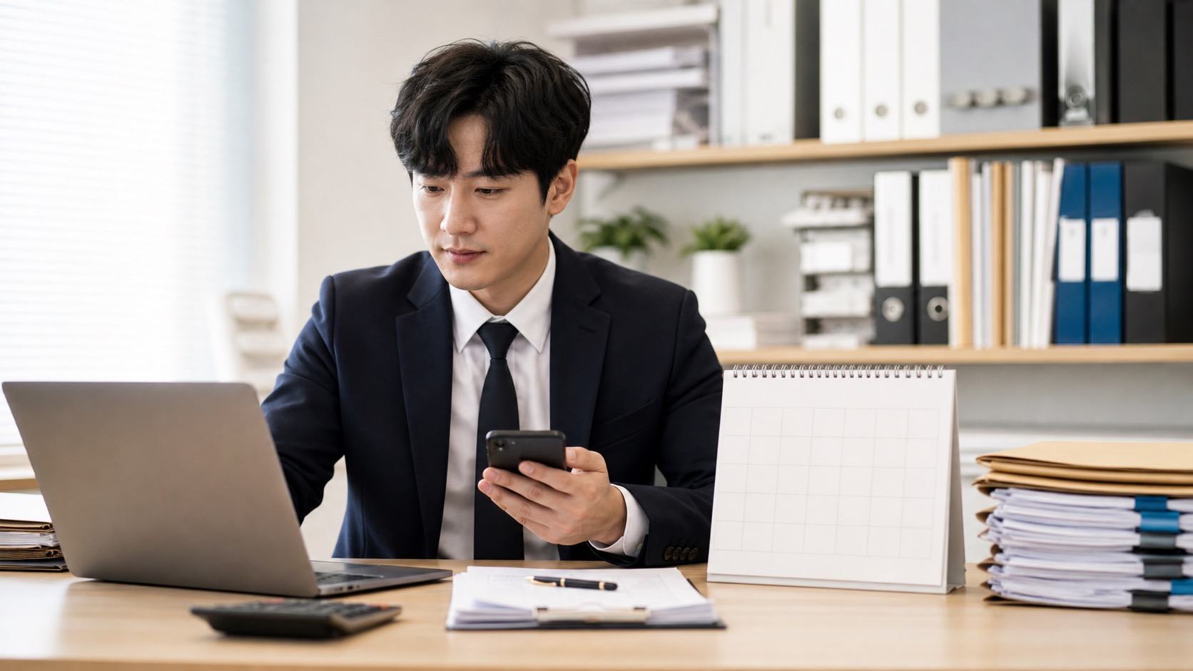 달력과 거래 자료를 보며 현금영수증 자진발급 기한을 확인하는 담당자