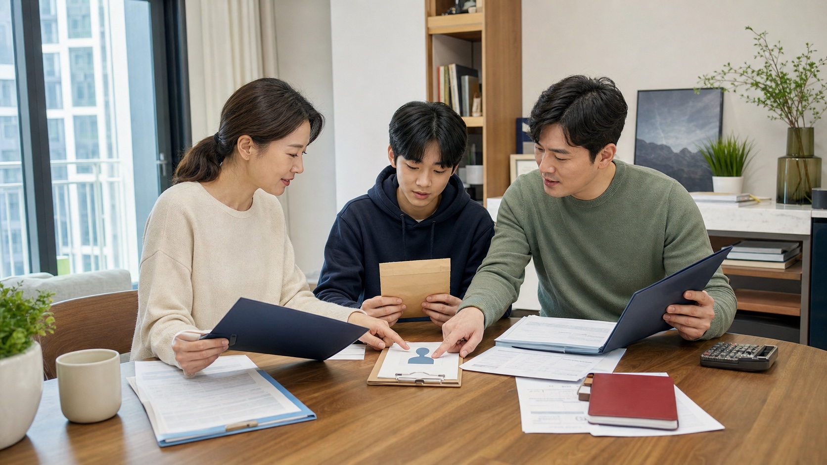 맞벌이 부부가 자녀의 아르바이트 소득과 기본공제 신청자를 한 명으로 정리하는 모습
