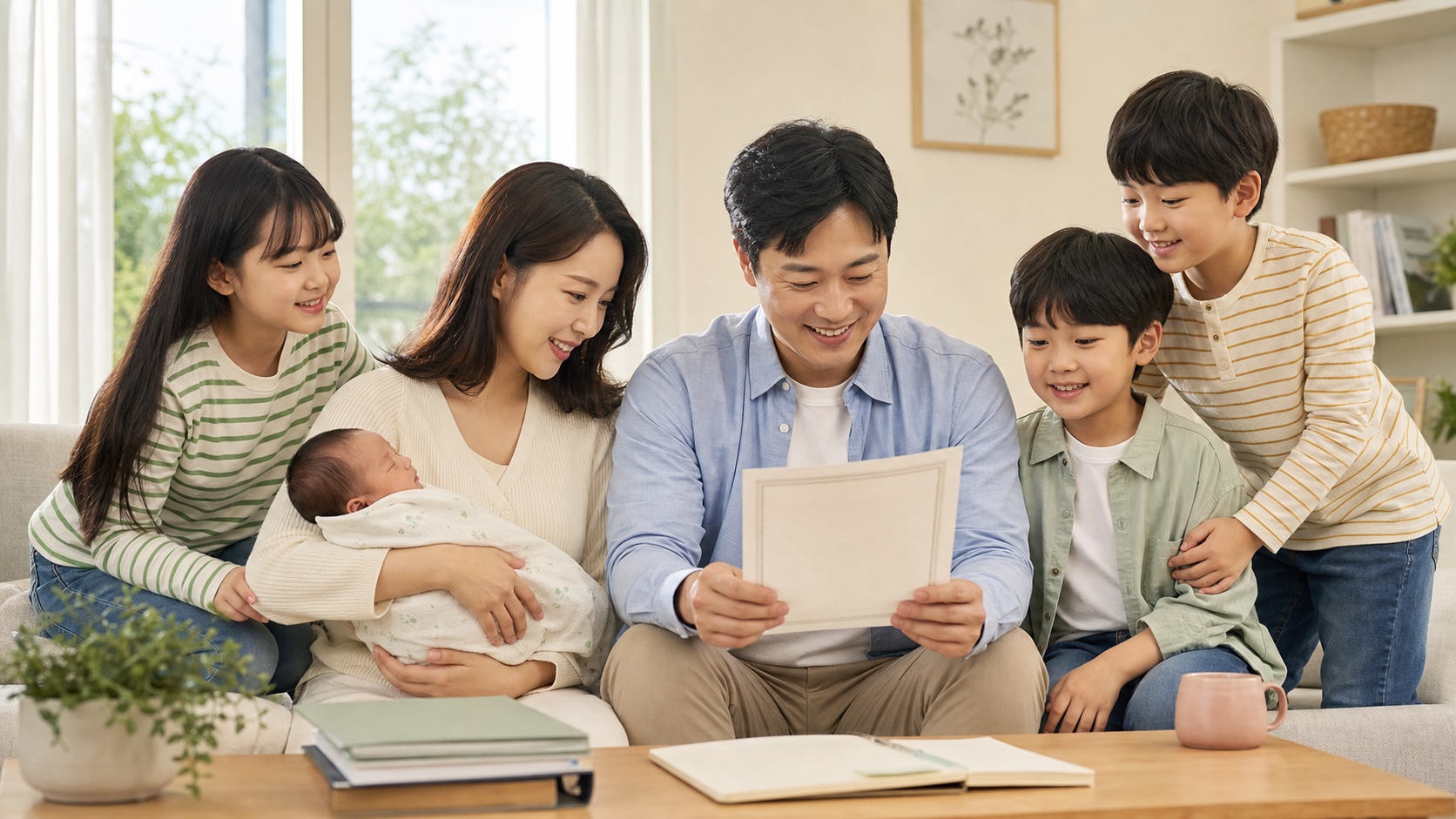 부모가 신생아 출생신고서와 첫째 둘째 셋째 출산 세액공제 금액을 확인하는 모습