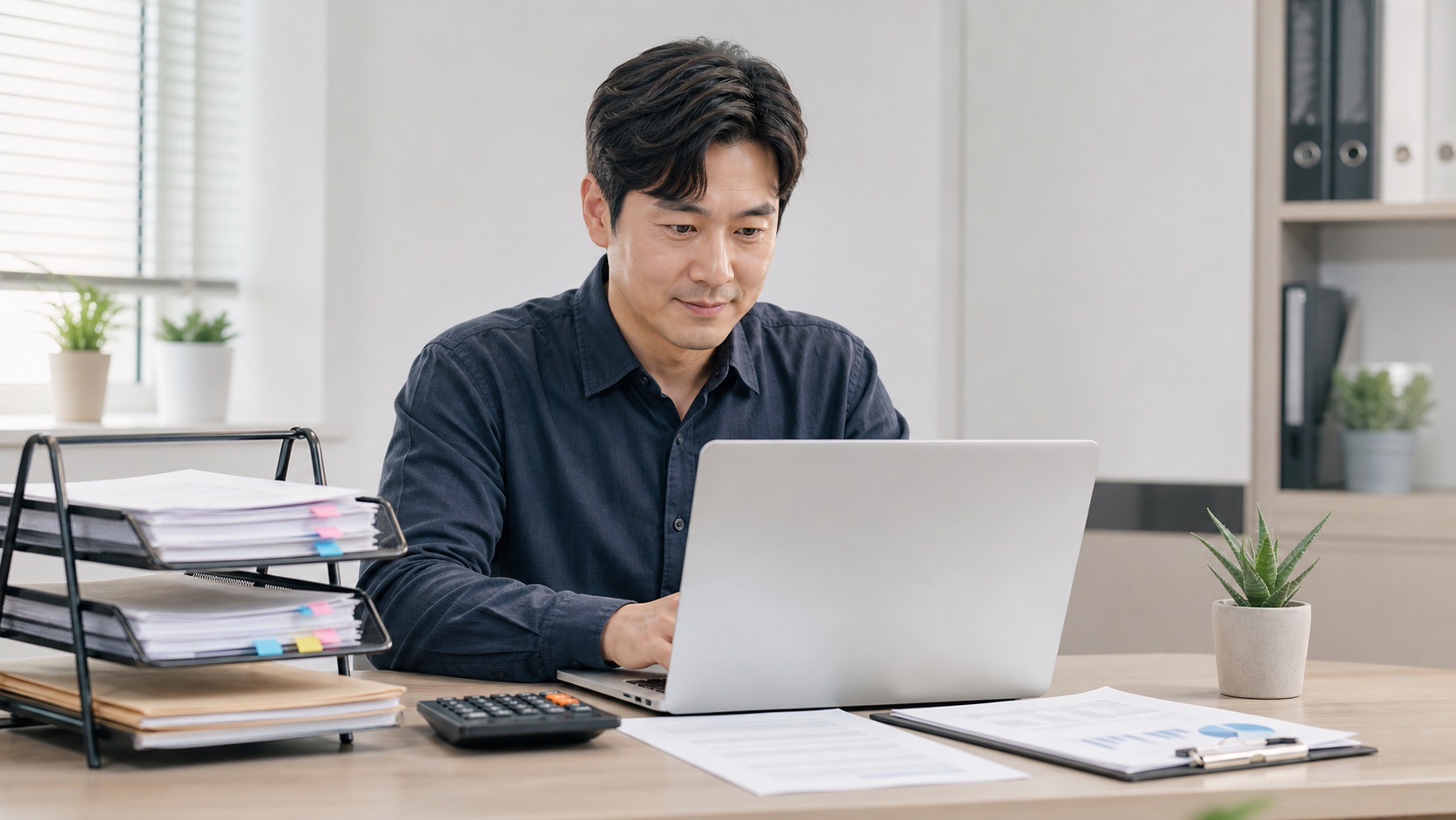 노트북으로 수정세금계산서를 발급하기 전 서류를 확인하는 사업자