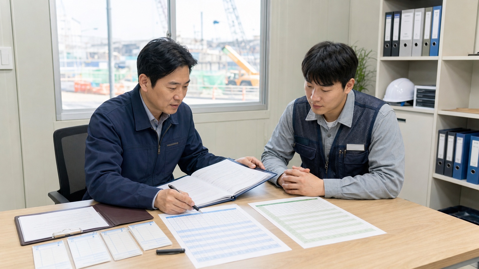 현장 근무계약서에서 일용근로자의 근무기간과 일급 계산방식을 확인하는 모습