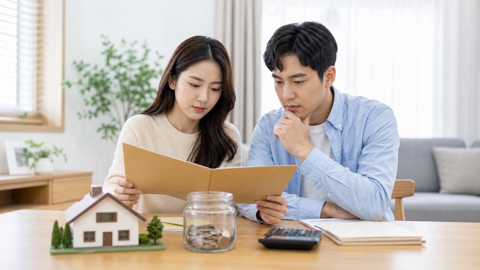 주택 모형과 저축 자료를 보며 근로장려금 재산 기준을 확인하는 부부