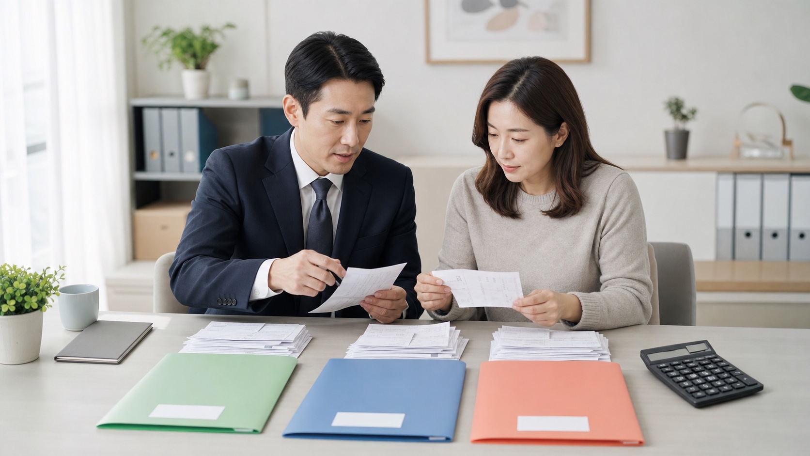 부모가 자녀별 교육비 납입증명서를 300만원과 900만원 한도로 나누어 계산하는 모습