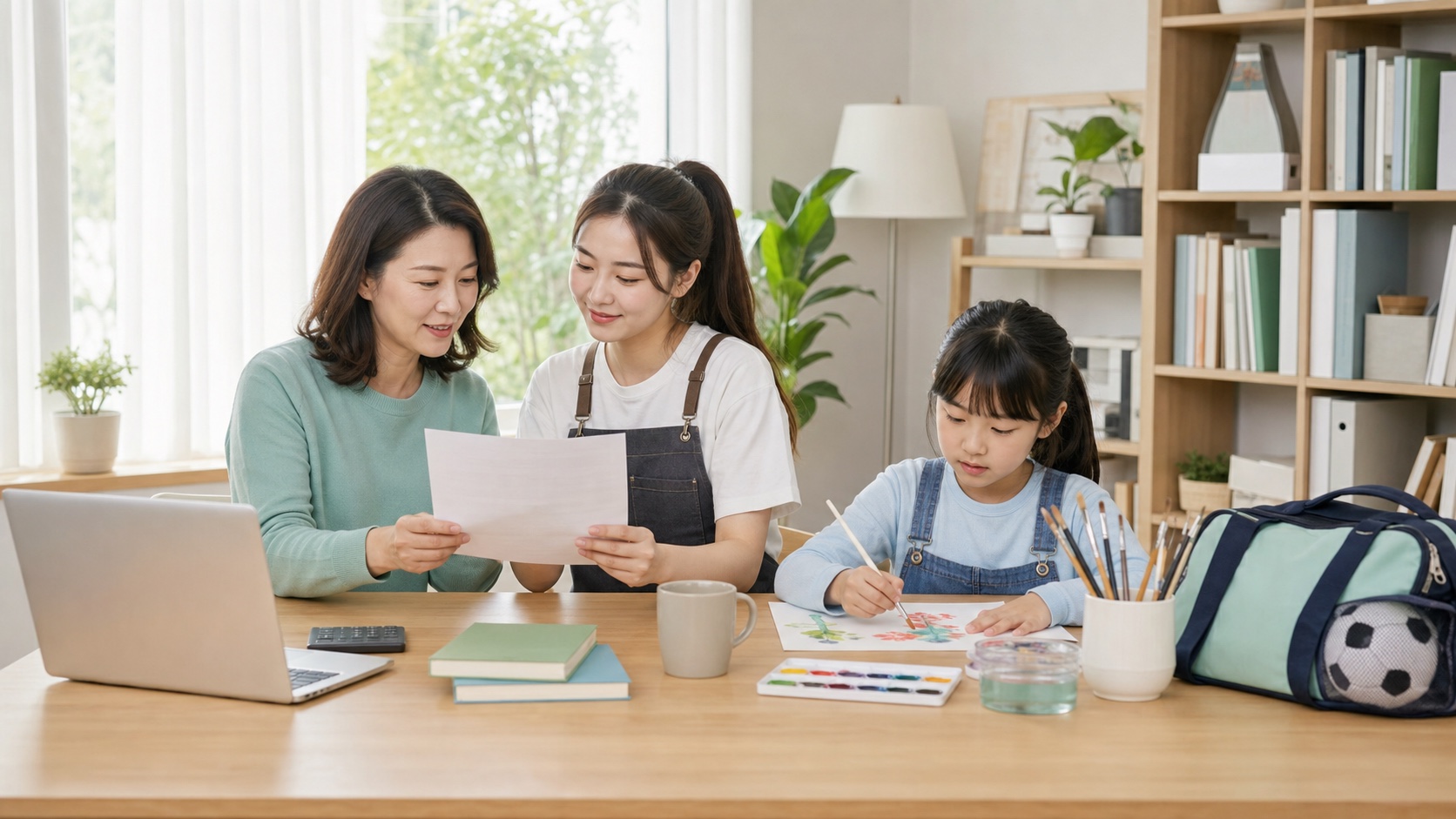 아르바이트하는 대학생과 초등 저학년 자녀의 예체능 수업 영수증을 부모가 정리하는 모습