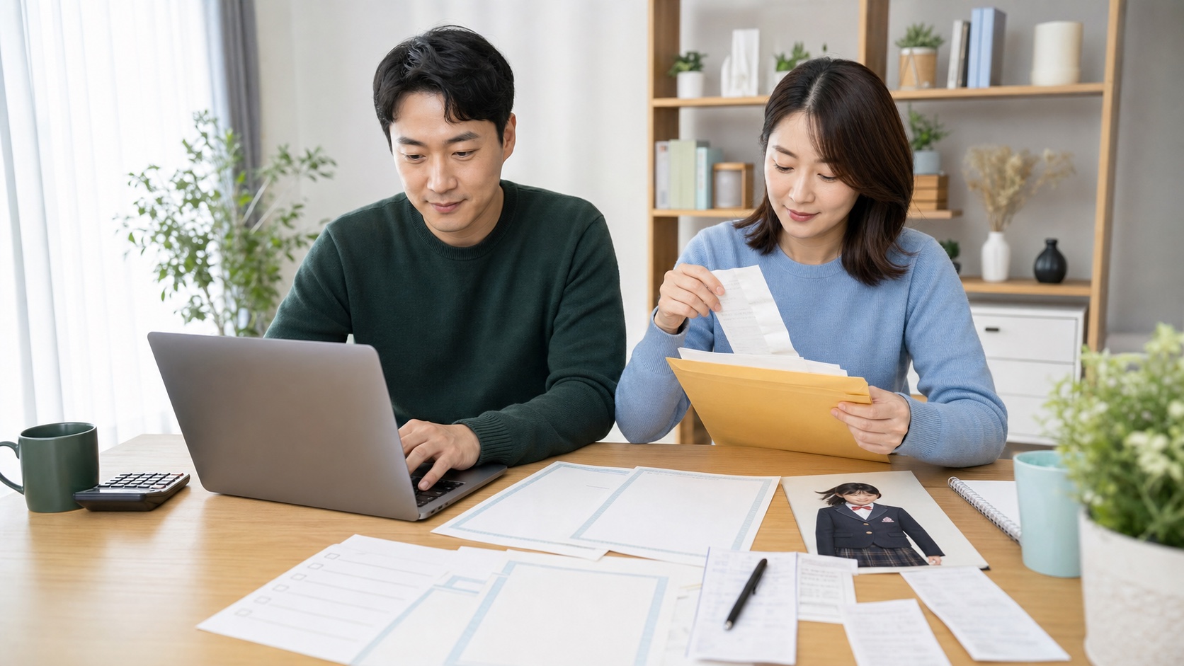 근로자가 연말정산 간소화 화면과 교육비 납입증명서 및 교복 영수증을 대조하는 모습