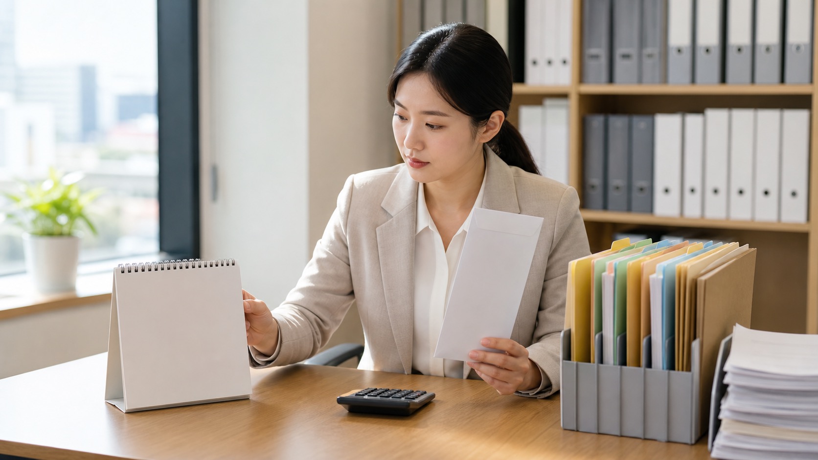 달력과 급여 자료를 보며 지급일 기준을 확인하는 급여 담당자