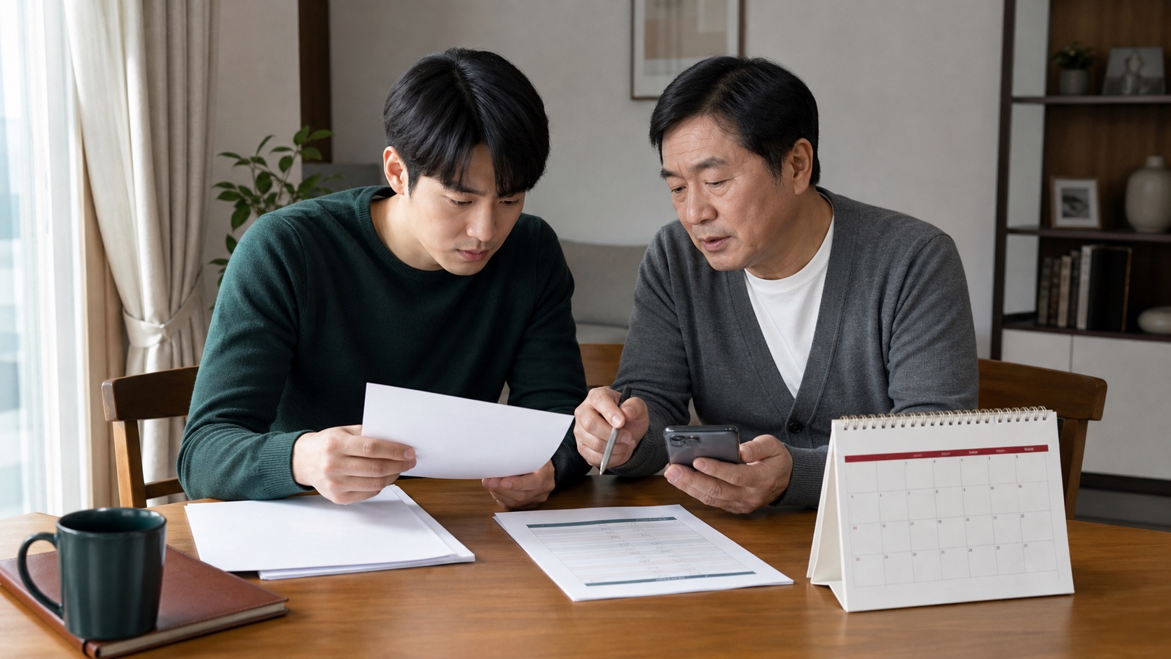 성인 자녀의 소득과 월별 원금 상환내역을 대여계약서와 함께 대조하는 모습