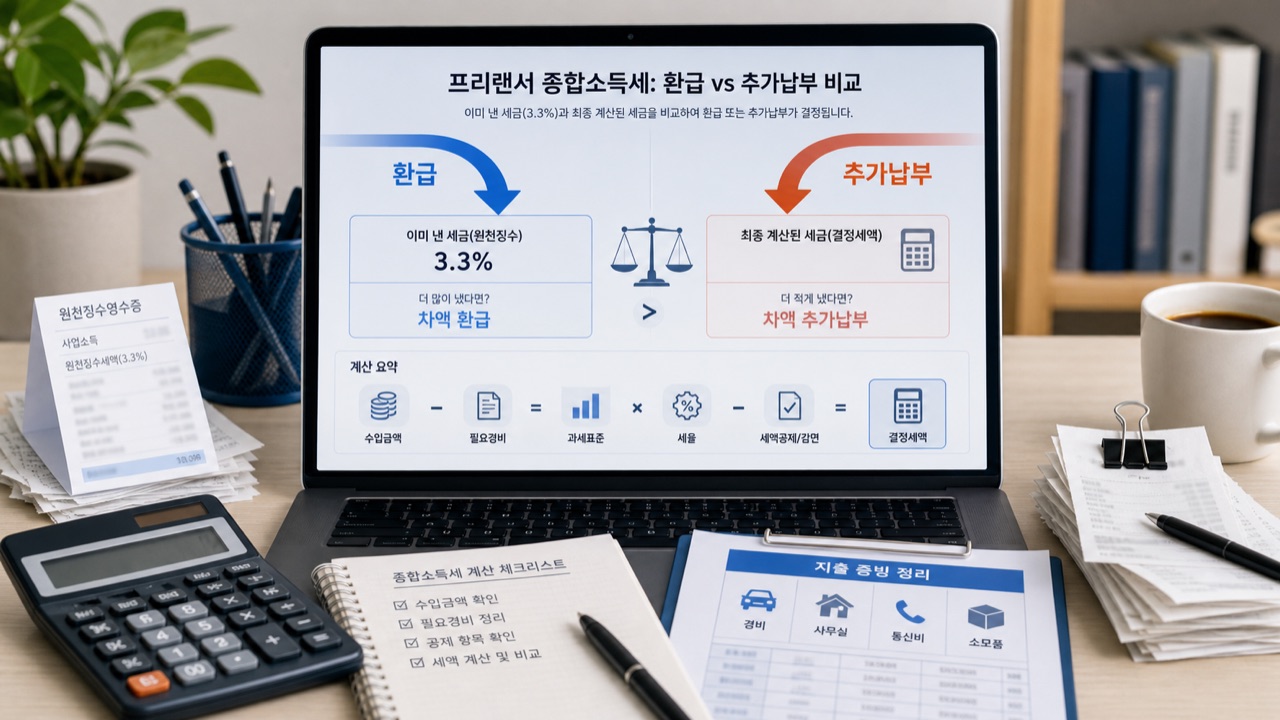 프리랜서 종합소득세 환급과 추가납부를 비교하는 계산 화면