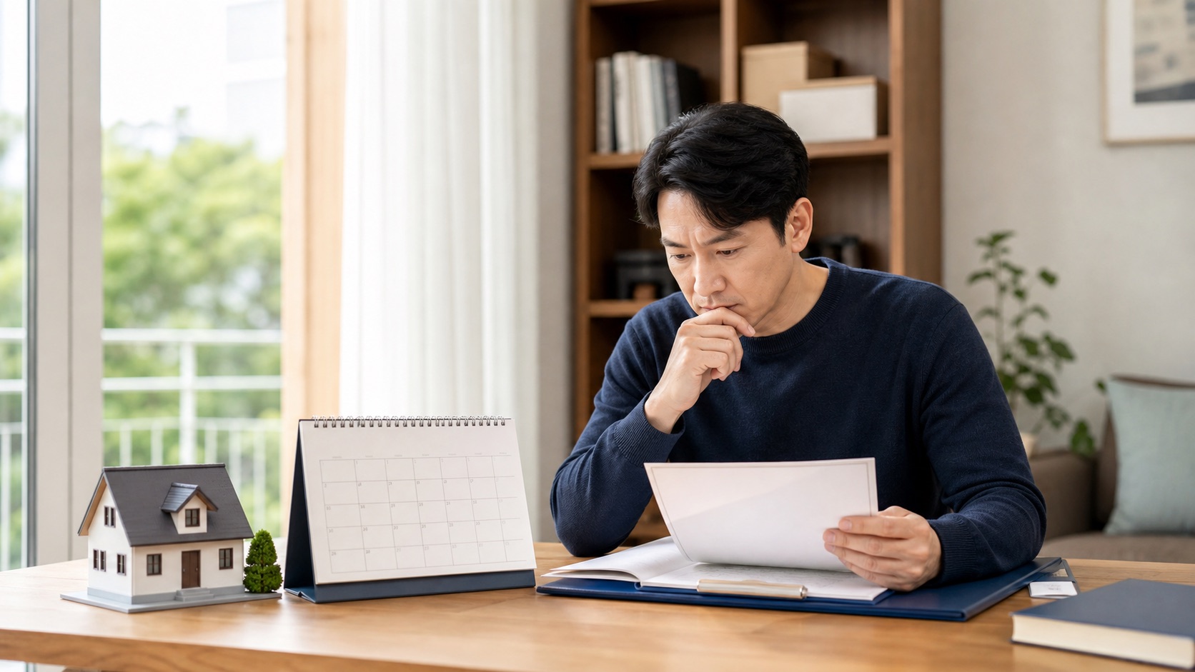 달력과 주택 모형을 두고 증여세 신고기한을 확인하는 사람