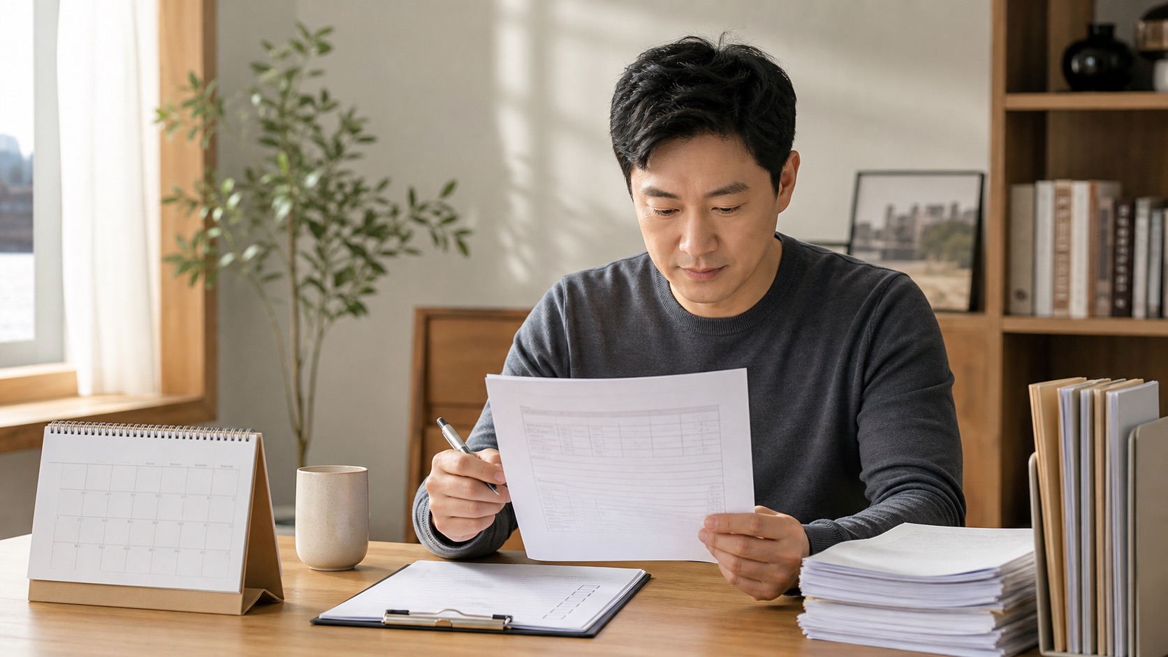달력과 신고 서류를 보며 증여세 제출 내용을 최종 점검하는 사람