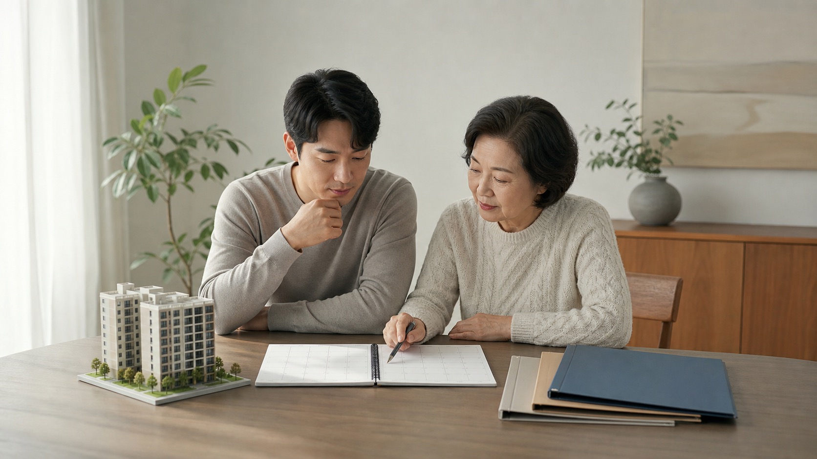 가족이 달력과 아파트 모형을 보며 증여 시점을 검토하는 모습