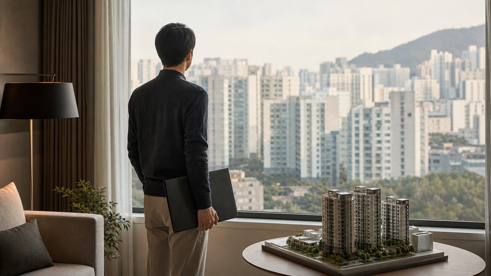 아파트 모형과 도시 전경을 보며 부동산 가치를 검토하는 모습