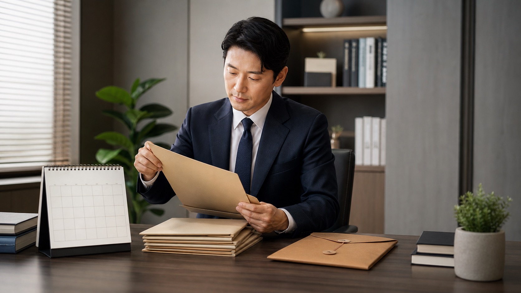 세무 서류와 달력을 정리하며 신고 기한을 확인하는 모습