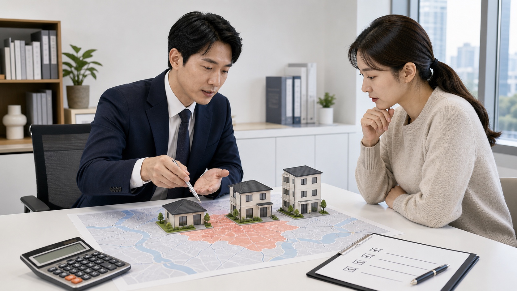 여러 주택 모형과 지역 지도를 놓고 다주택 취득세율을 검토하는 모습