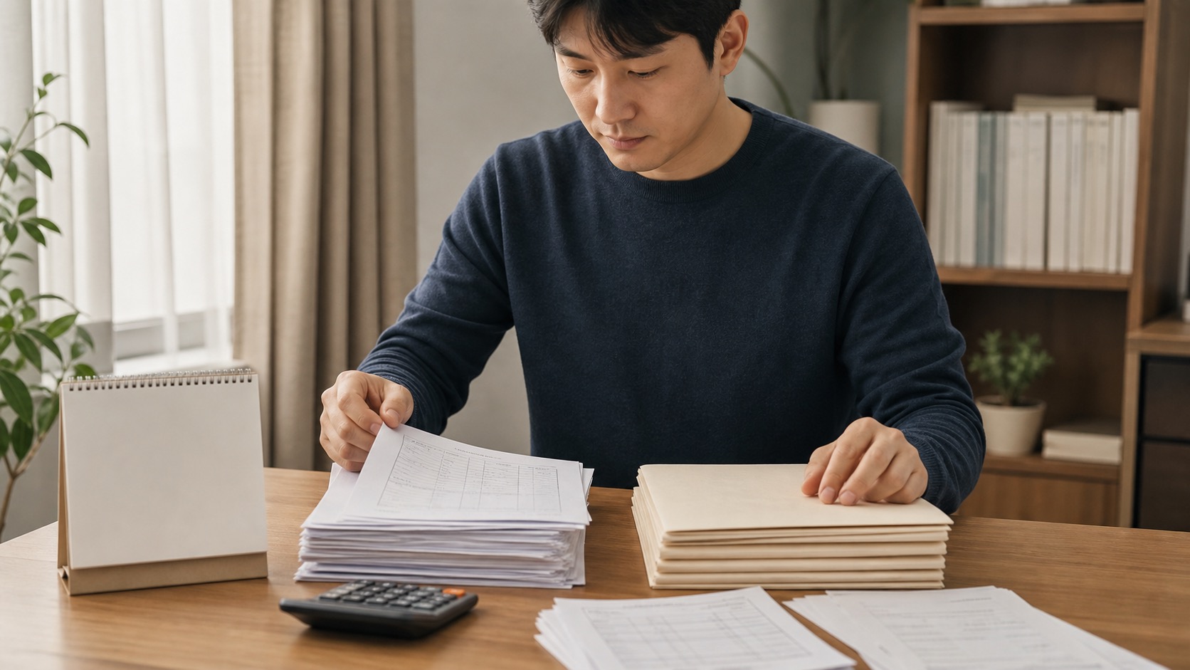 임대소득 신고를 위해 계약서와 입금 자료를 정리하는 임대인