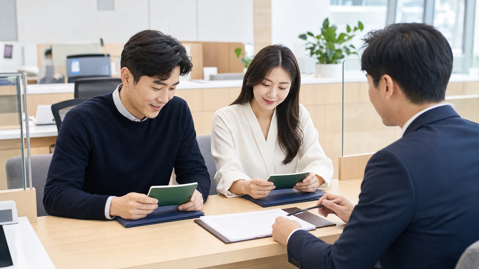 맞벌이 부부가 각자 명의 청약통장과 무주택확인서 및 납입증명서를 준비하는 모습
