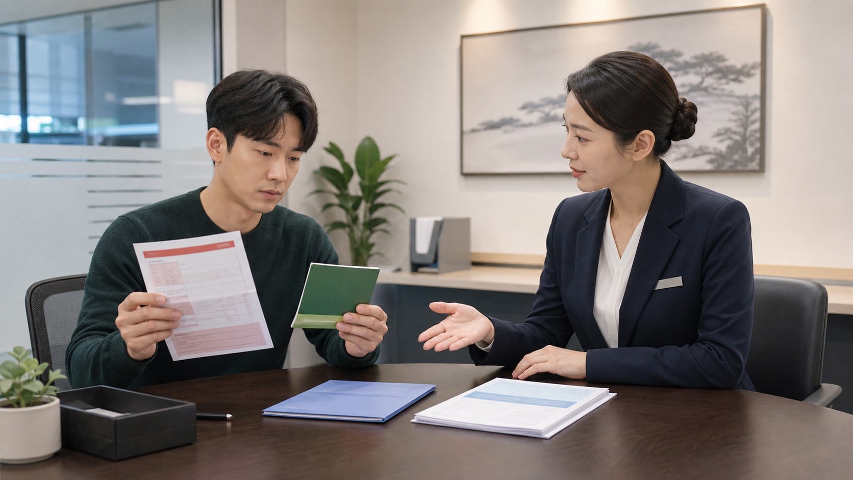 근로자가 청약저축 중도해지 안내와 전세대출 원리금 공제 합산표를 확인하는 모습