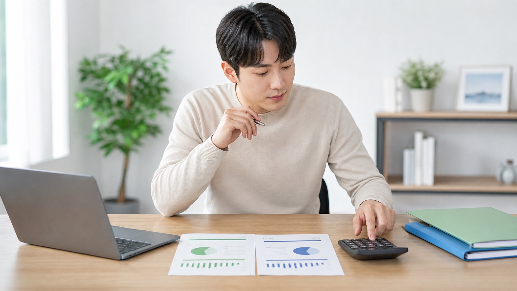 계산기와 신고 자료로 종합소득세 납부 또는 환급 결과를 확인하는 사람