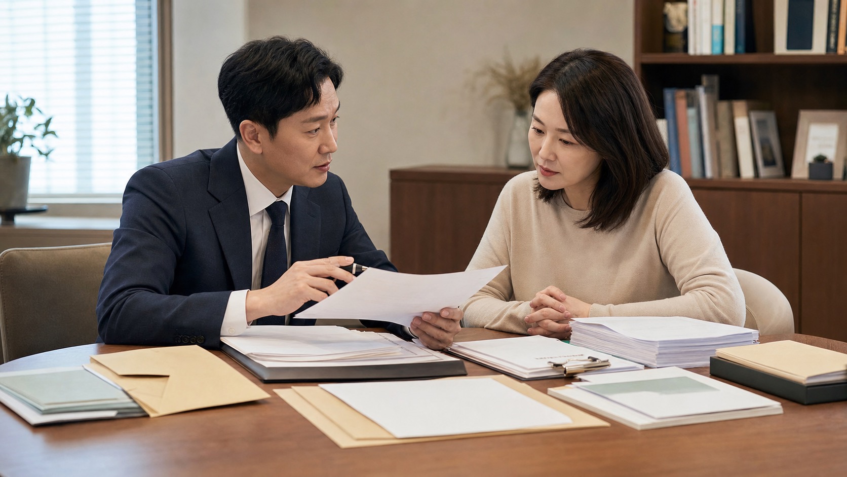 상속세 신고 서류를 전문가와 함께 검토하는 상속인