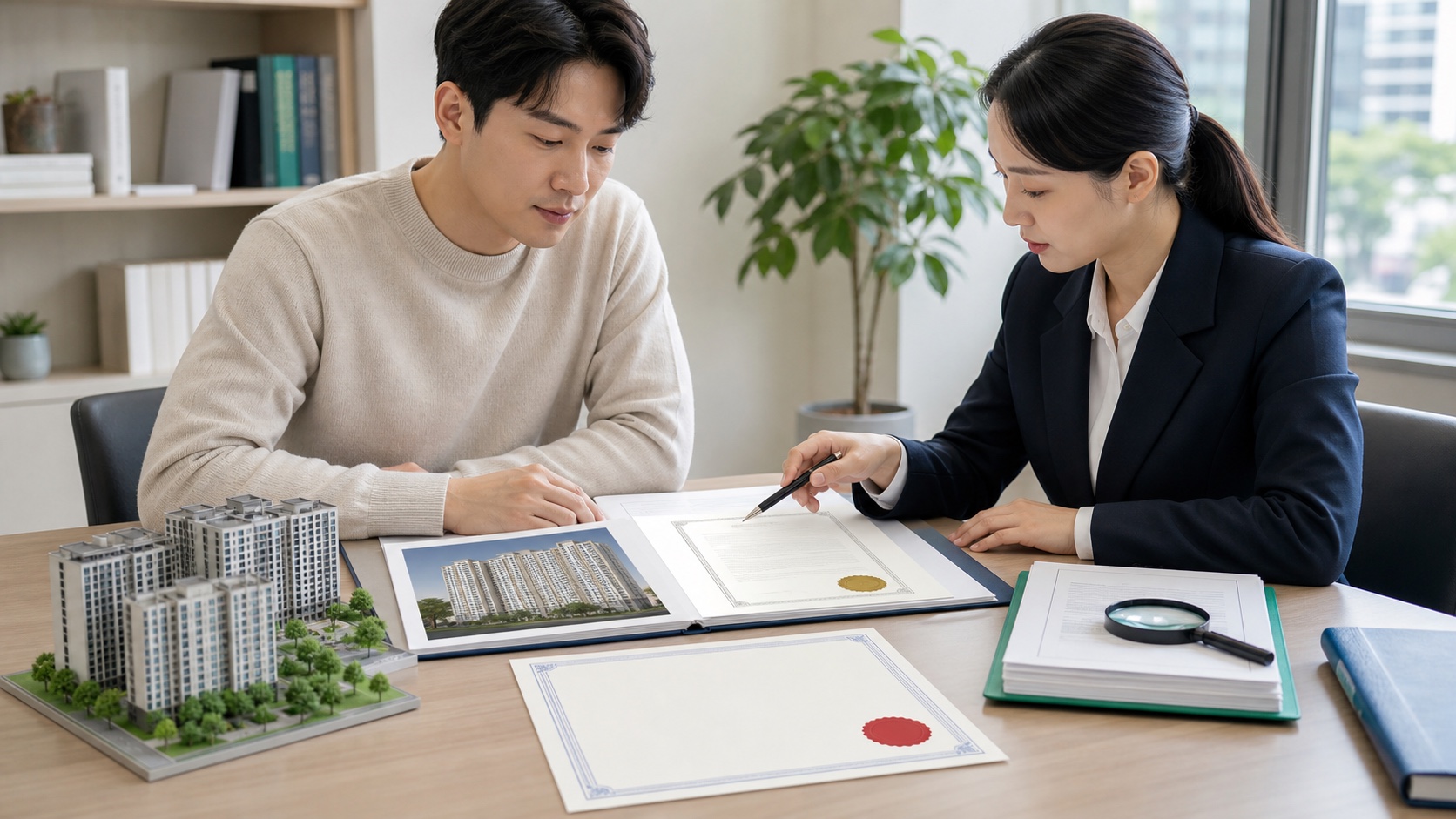 상속인이 부동산 등기서류와 납세보증보험증권의 담보가액을 검토하는 모습