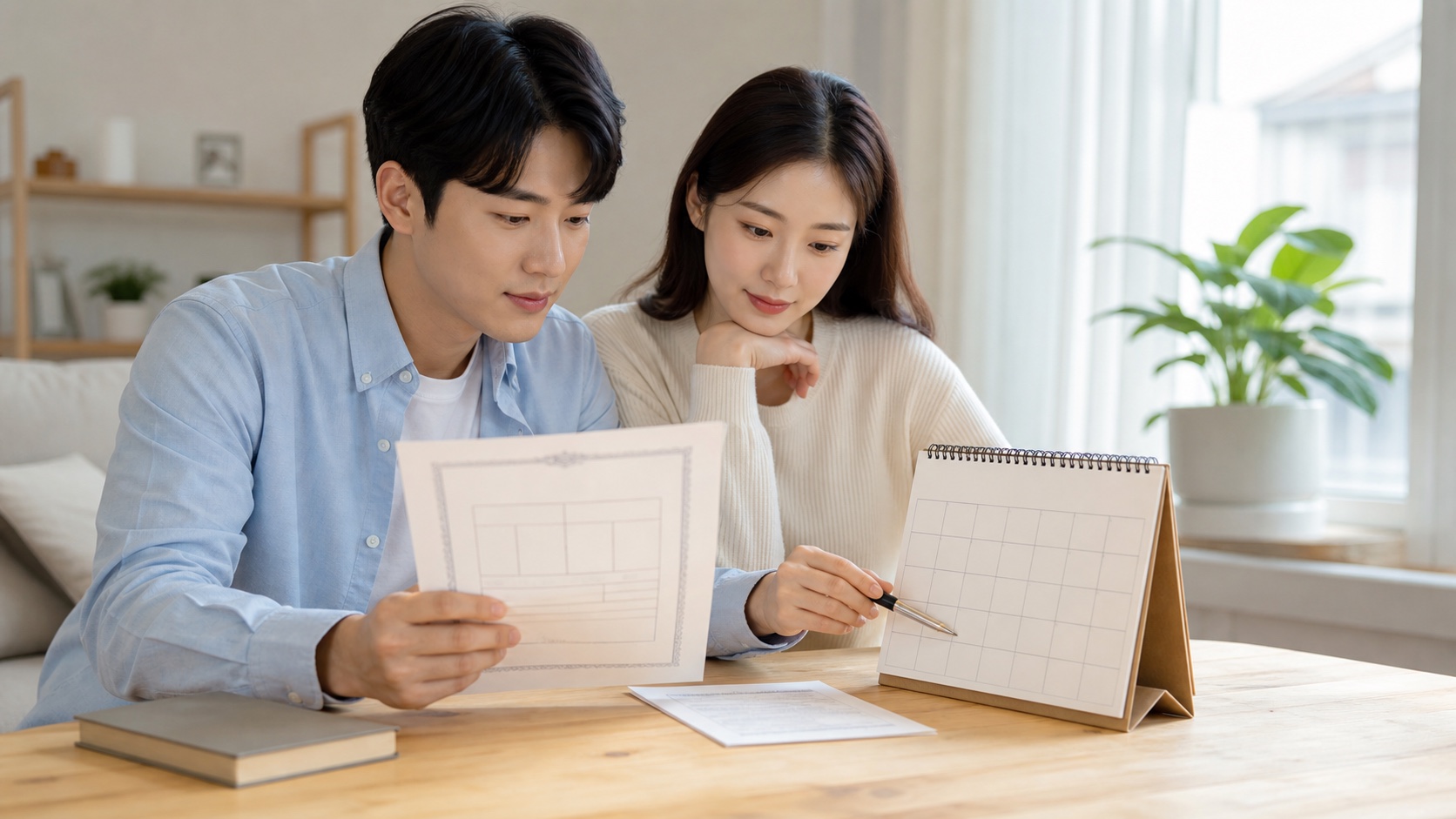 2026년 달력과 혼인신고 접수증을 놓고 세액공제 적용연도를 확인하는 신혼부부