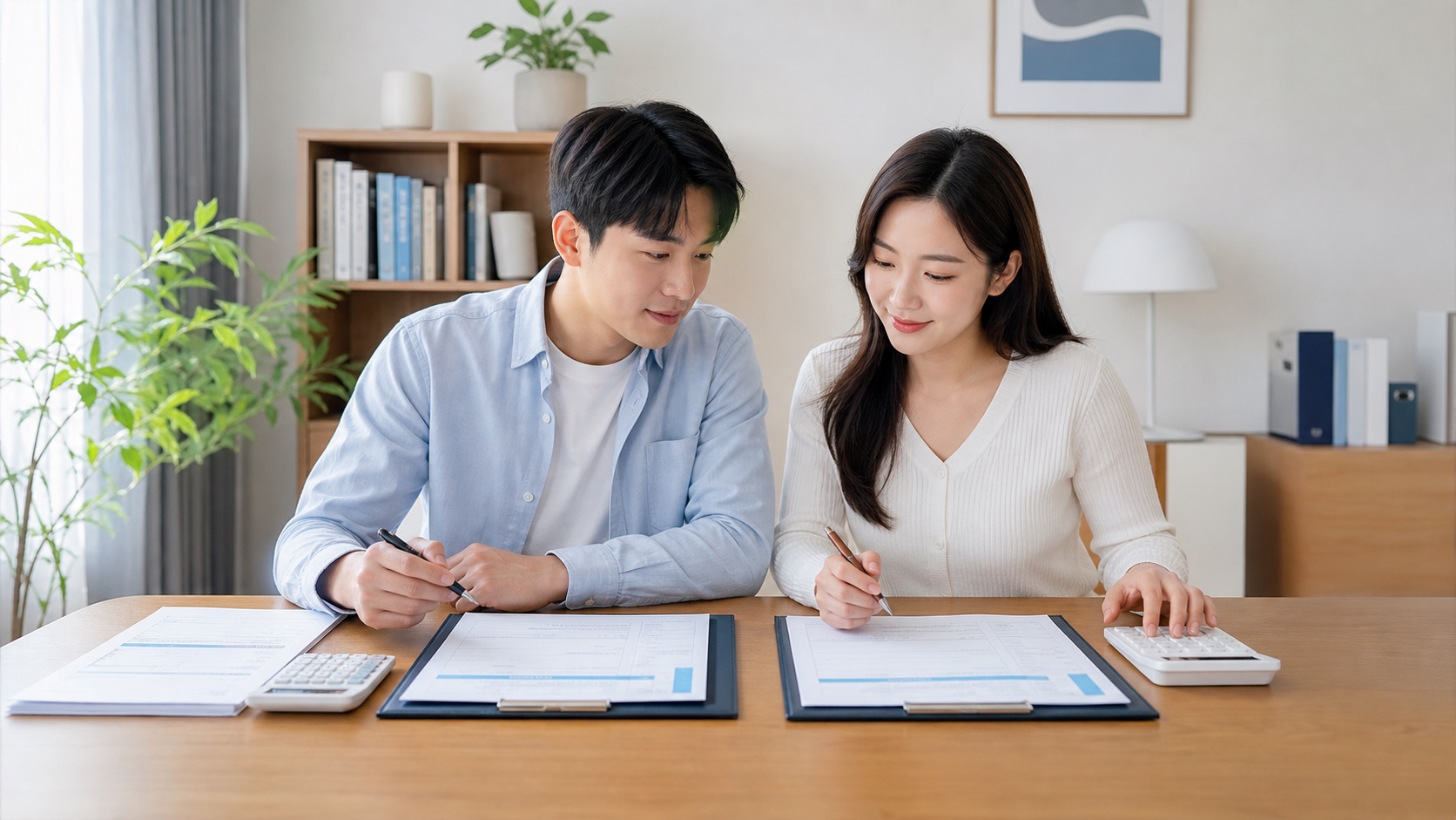 맞벌이 신혼부부가 각자의 급여명세서와 50만원 세액공제 항목을 나누어 확인하는 모습