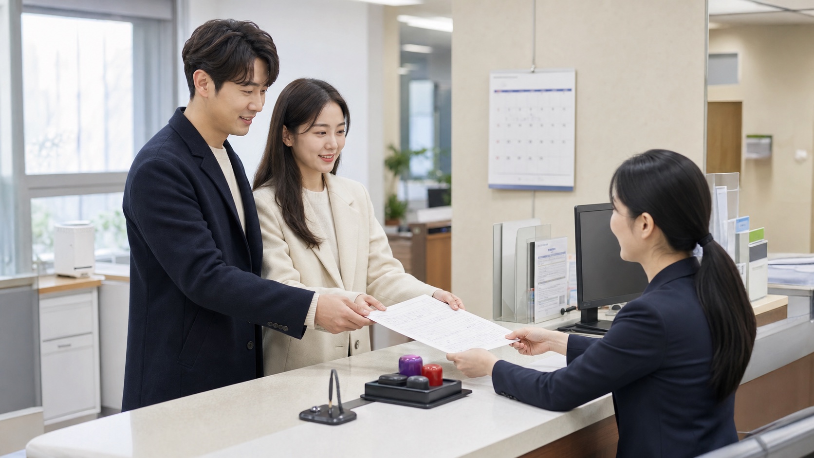 신혼부부가 주민센터에서 혼인신고 접수일과 가족관계등록 내용을 확인하는 모습