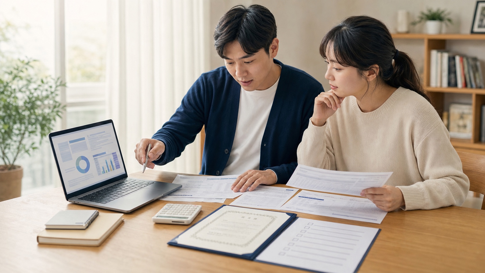 근로자가 홈택스 연말정산 화면과 혼인관계증명서를 대조하며 누락 공제를 확인하는 모습