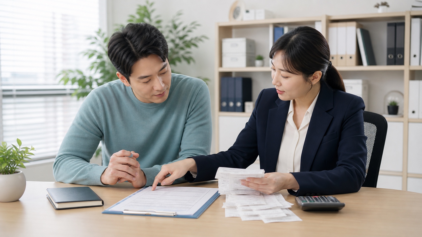 급여명세서와 병원비 영수증을 놓고 총급여 3퍼센트 기준을 계산하는 모습