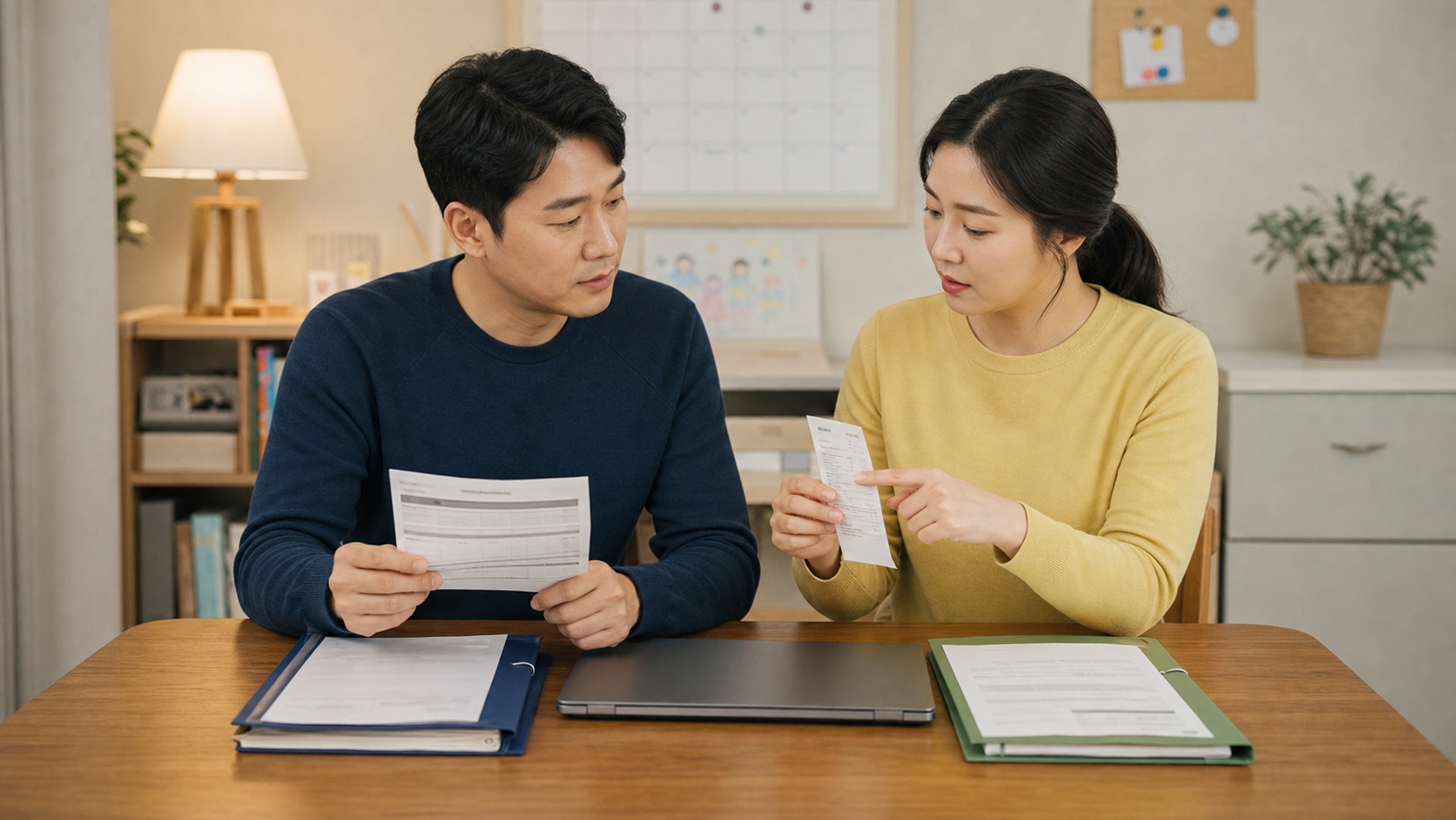 맞벌이 부부가 자녀 의료비 결제내역과 기본공제 신청자를 함께 확인하는 모습