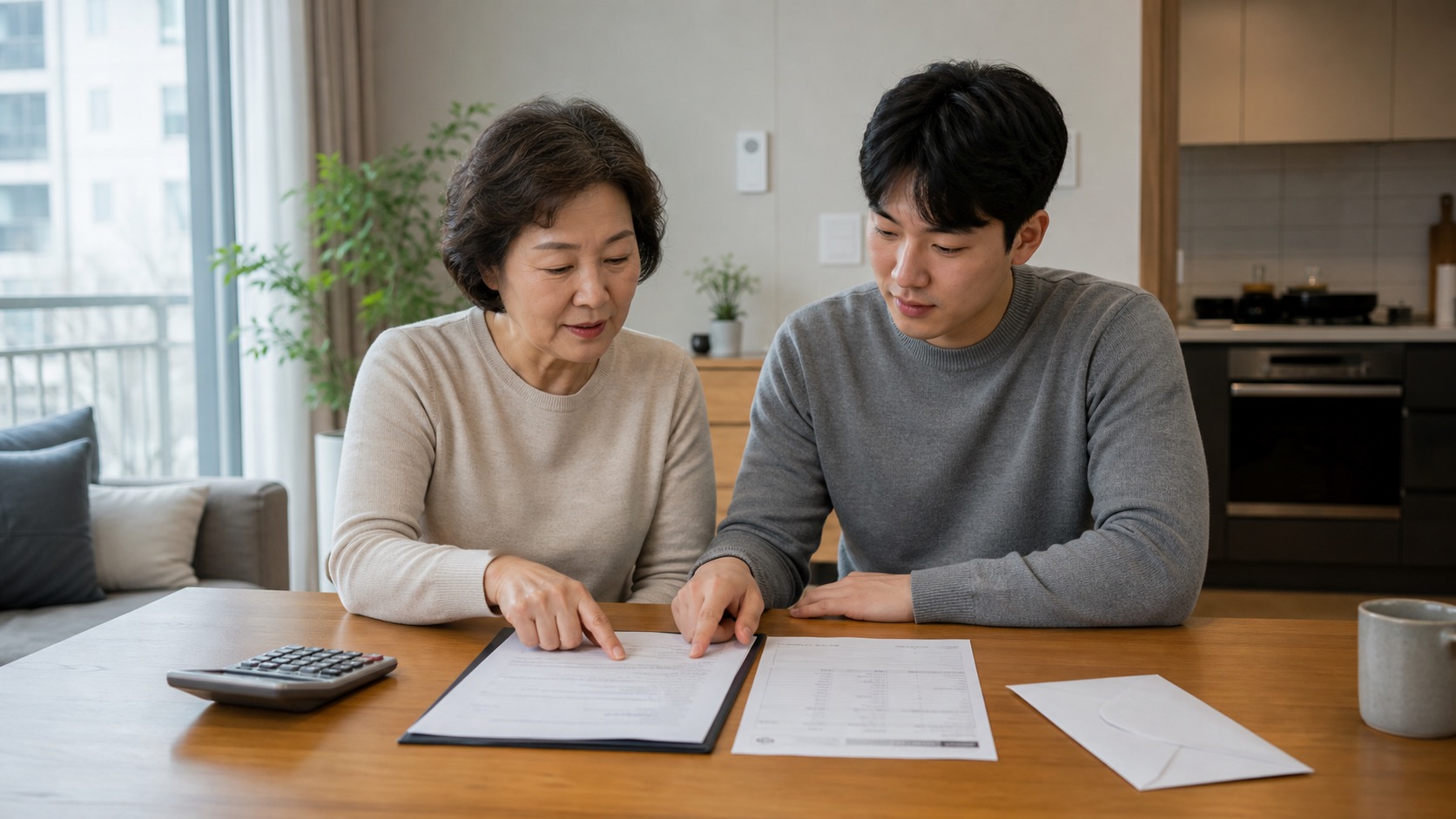 가족이 임대차계약서와 월세 납부 서류를 함께 확인하는 모습