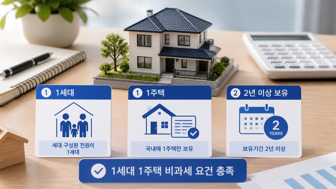 1세대 1주택 비과세 기본 요건을 보여주는 집 모형과 체크리스트
