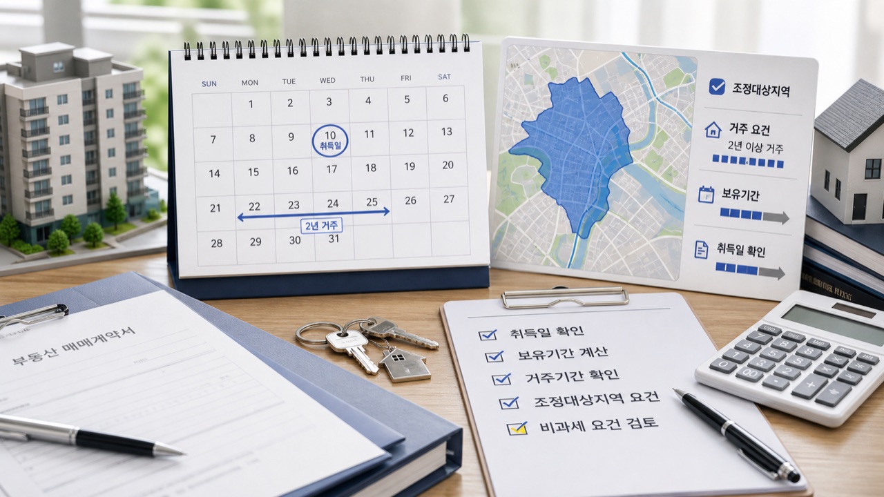 조정대상지역과 보유기간, 거주기간을 확인하는 달력과 계약서