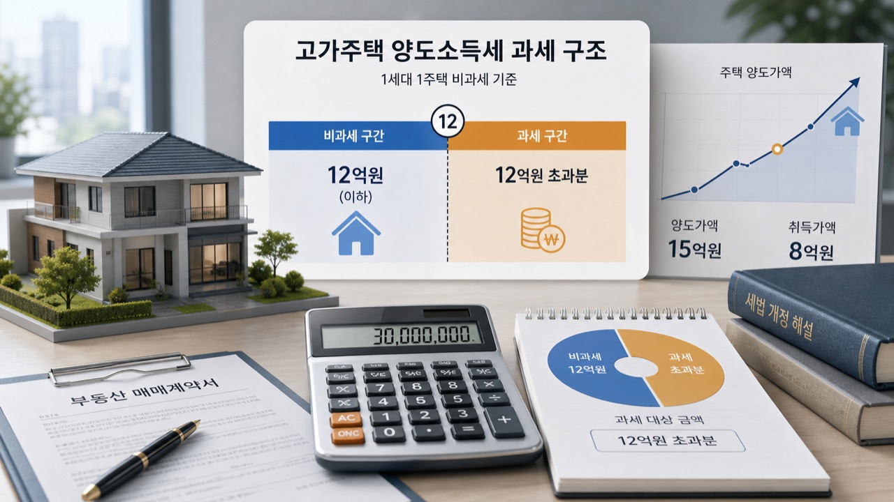 고가주택 12억원 초과분 과세 구조를 보여주는 계산기와 집 모형