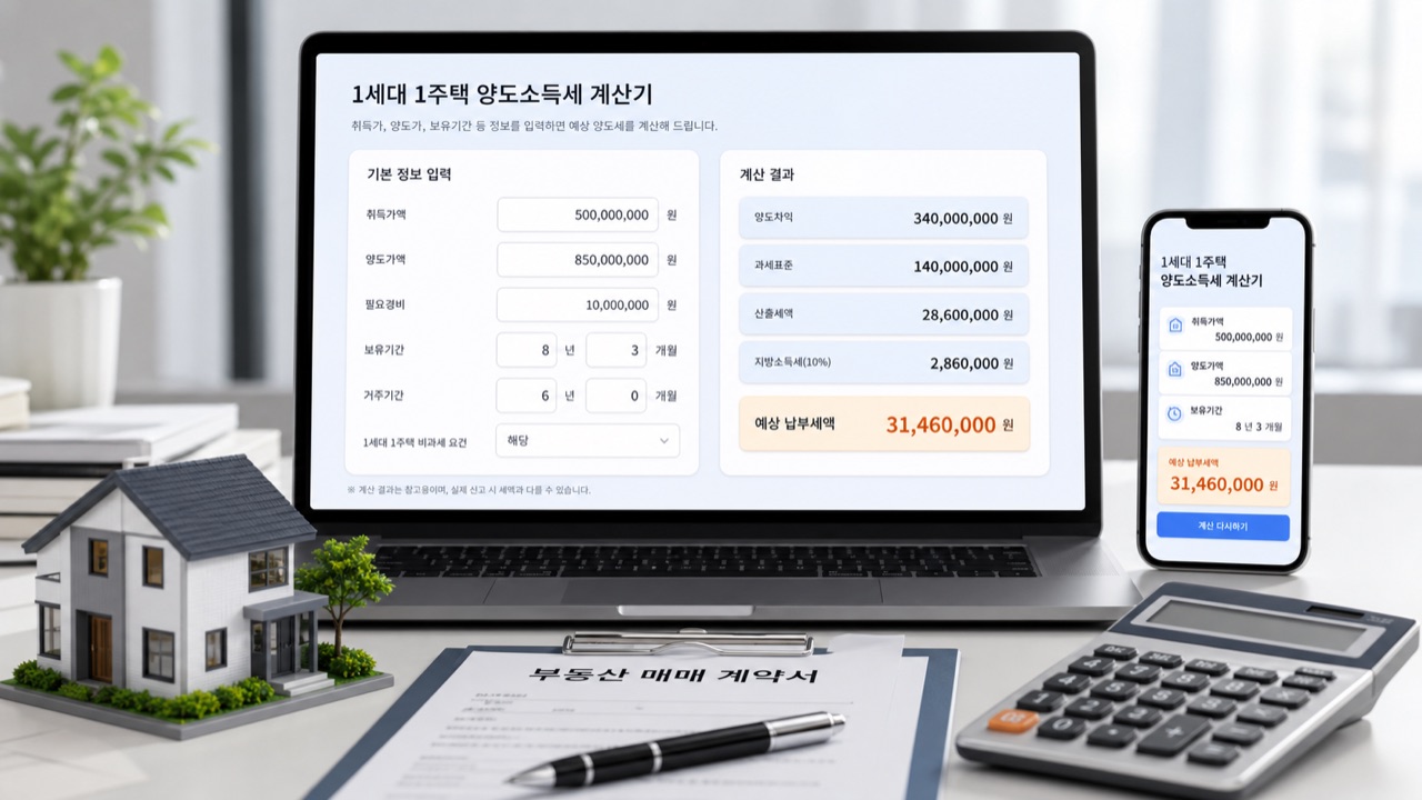 1세대 1주택 양도세 계산기 화면과 부동산 매매계약서