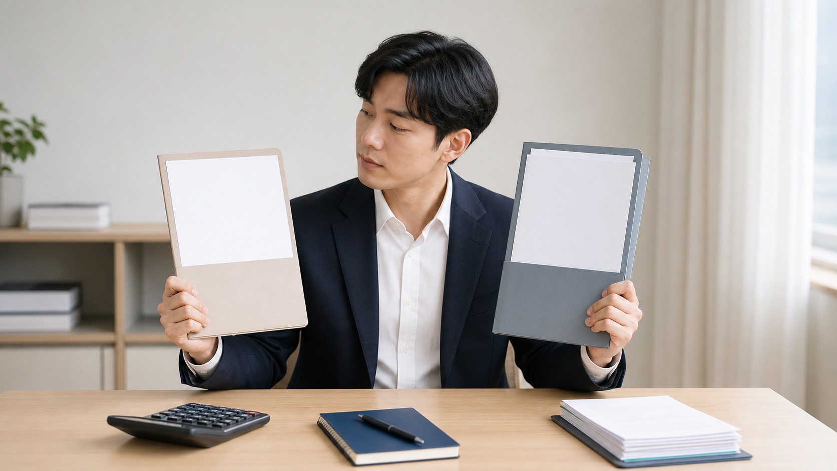 두 종류의 연금계좌 서류를 비교하며 납입 한도를 확인하는 직장인