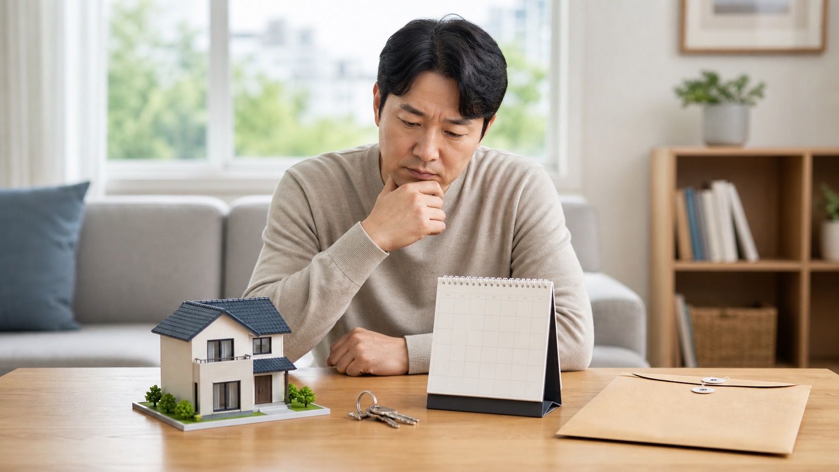 주택 모형과 달력을 보며 재산세 기준일을 확인하는 모습