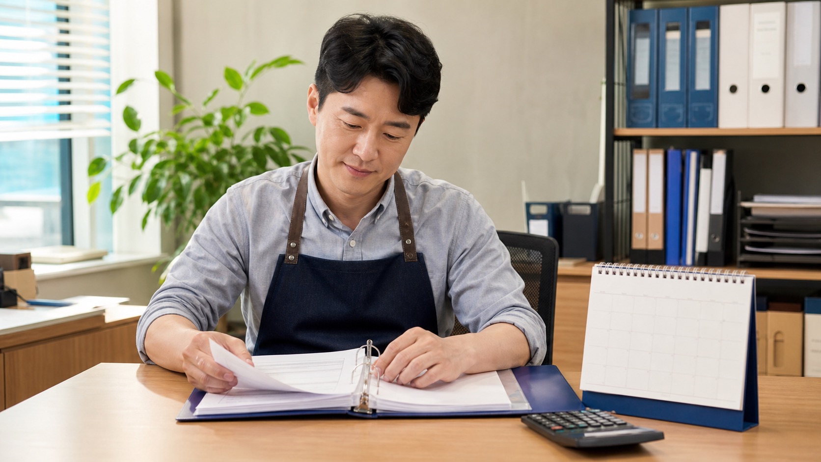 8월 주민세 신고를 위해 달력과 사업소 자료를 정리하는 사업자