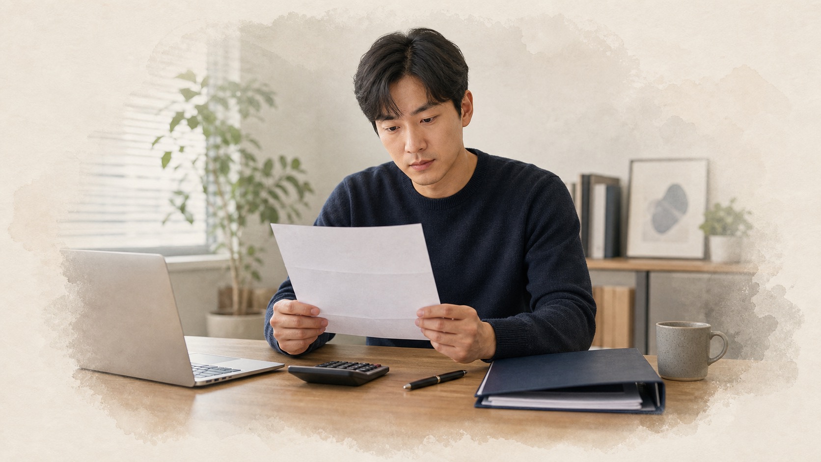 퇴직금 원천징수 자료와 계산기를 확인하는 직장인
