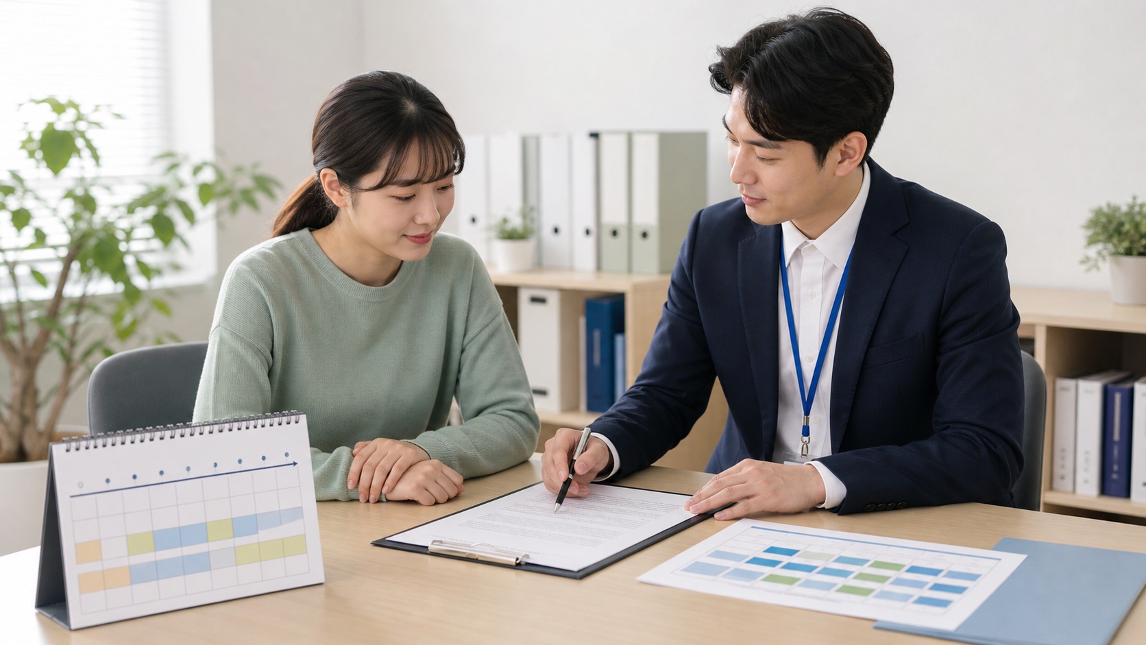 근로계약서의 입사일과 주 15시간 근무표로 퇴직금 지급 조건을 확인하는 모습