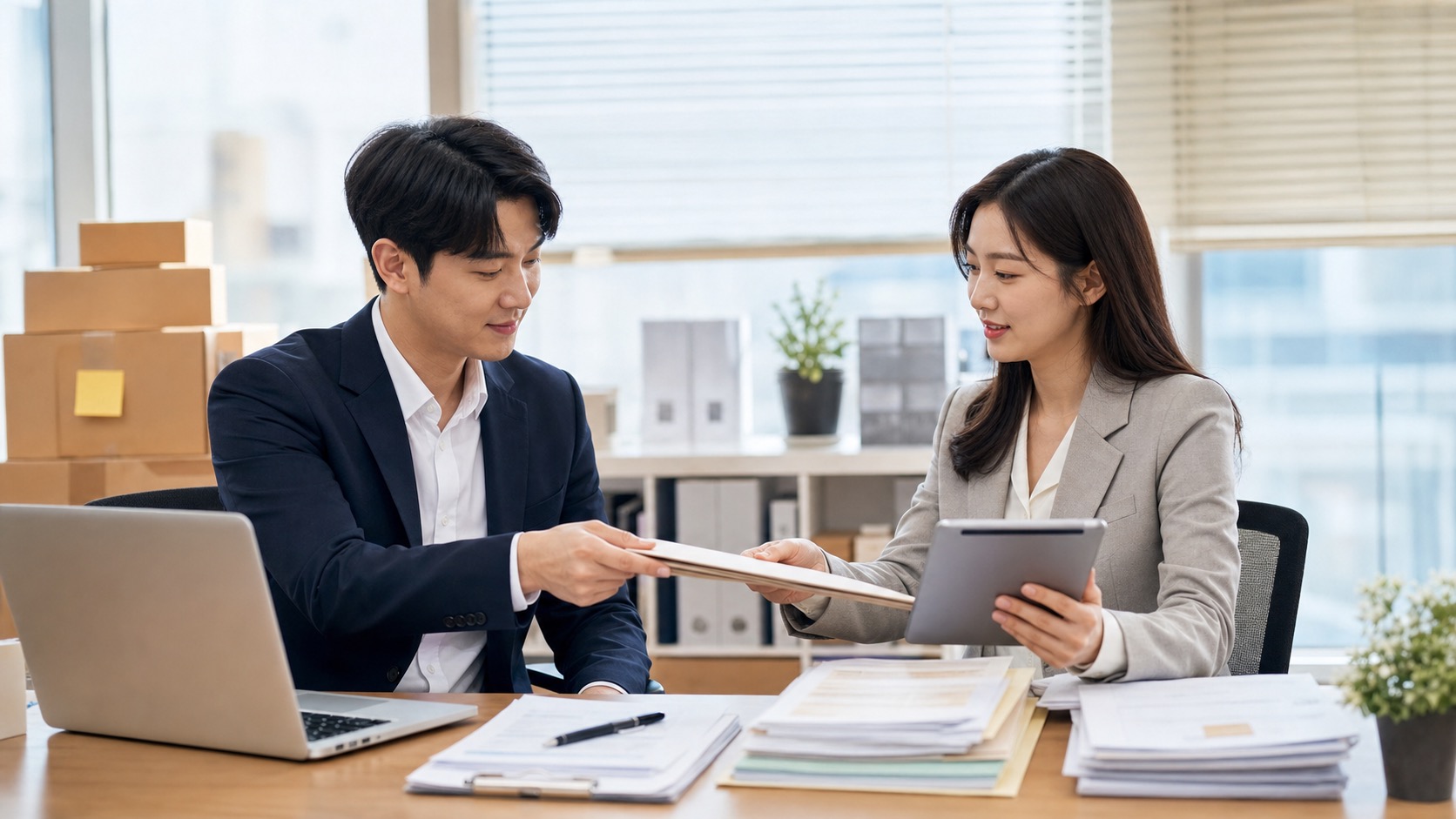 사업자 두 명이 거래 증빙 서류를 검토하는 모습