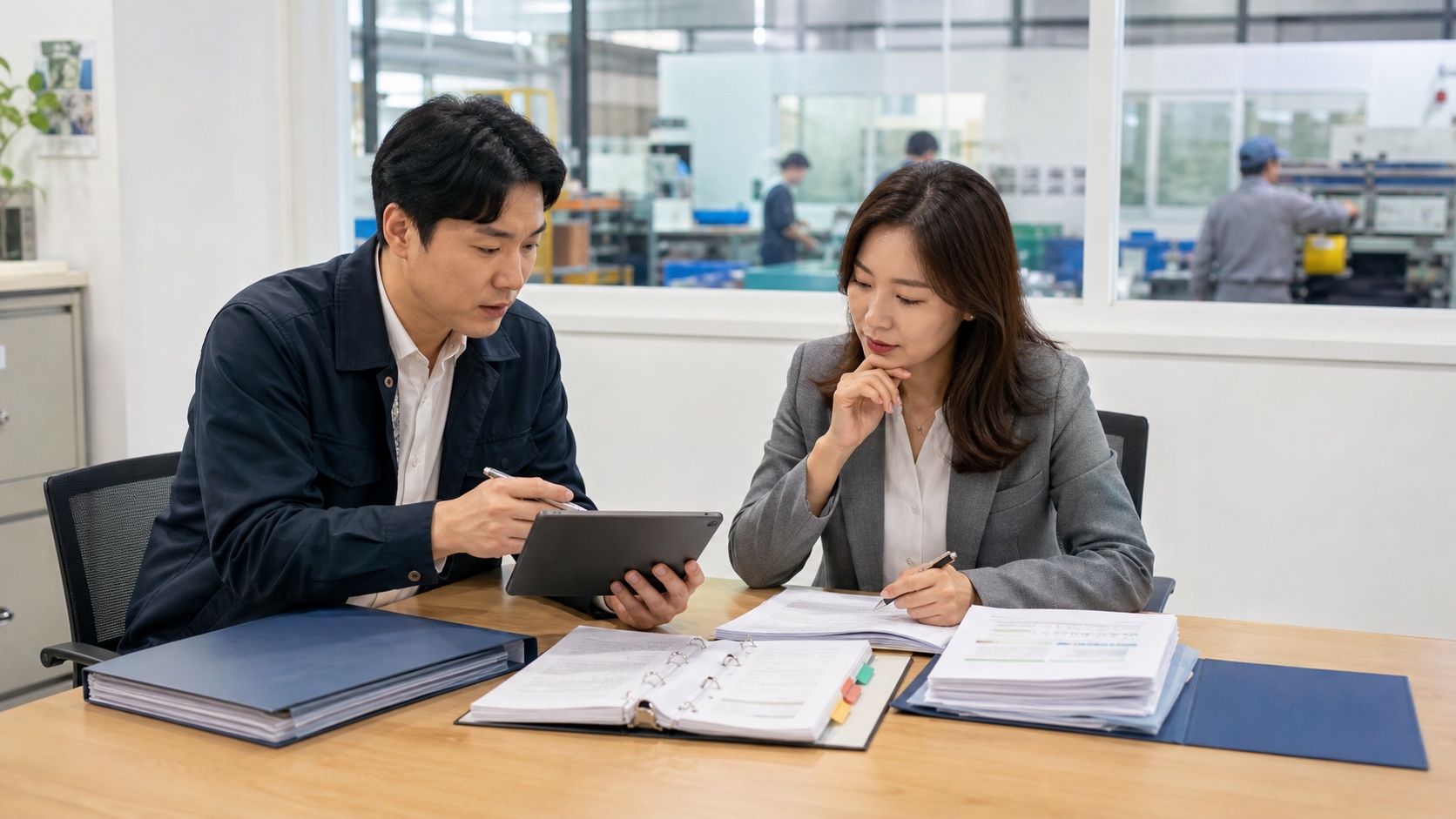 중소기업 확인 자료와 업종분류표를 인사 담당자와 근로자가 함께 검토하는 모습