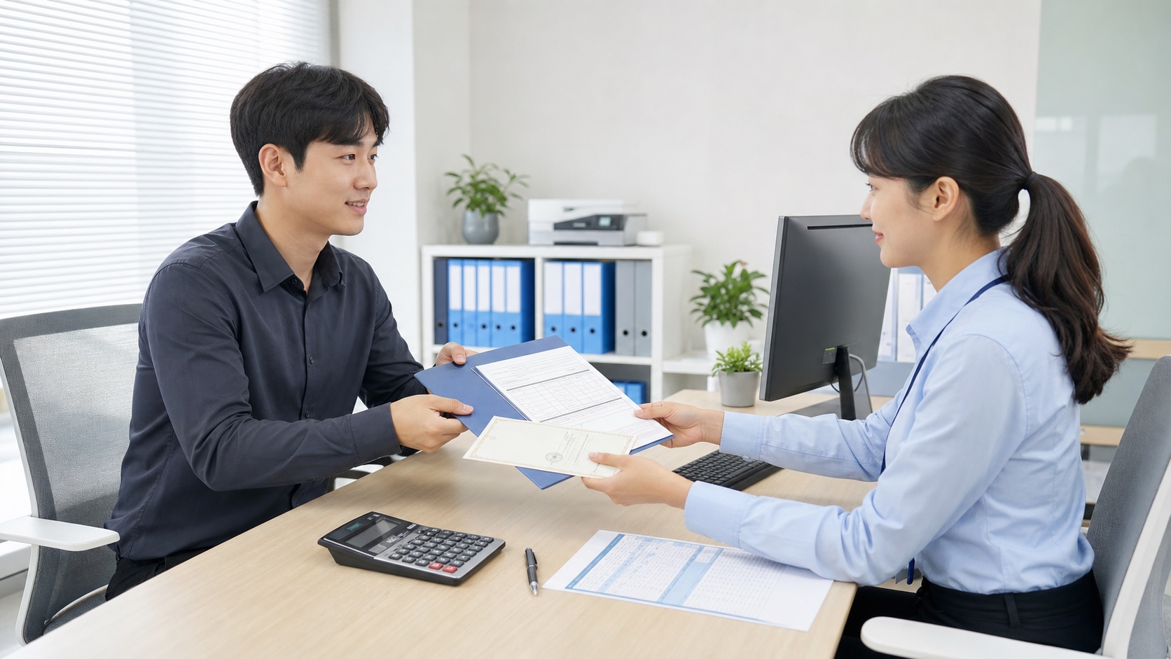 근로자가 중소기업 취업자 소득세 감면신청서와 병역증명서를 회사에 제출하는 모습