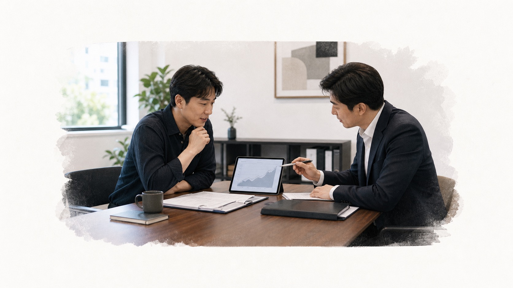 사업자와 세무 전문가가 법인전환 자료를 검토하는 모습