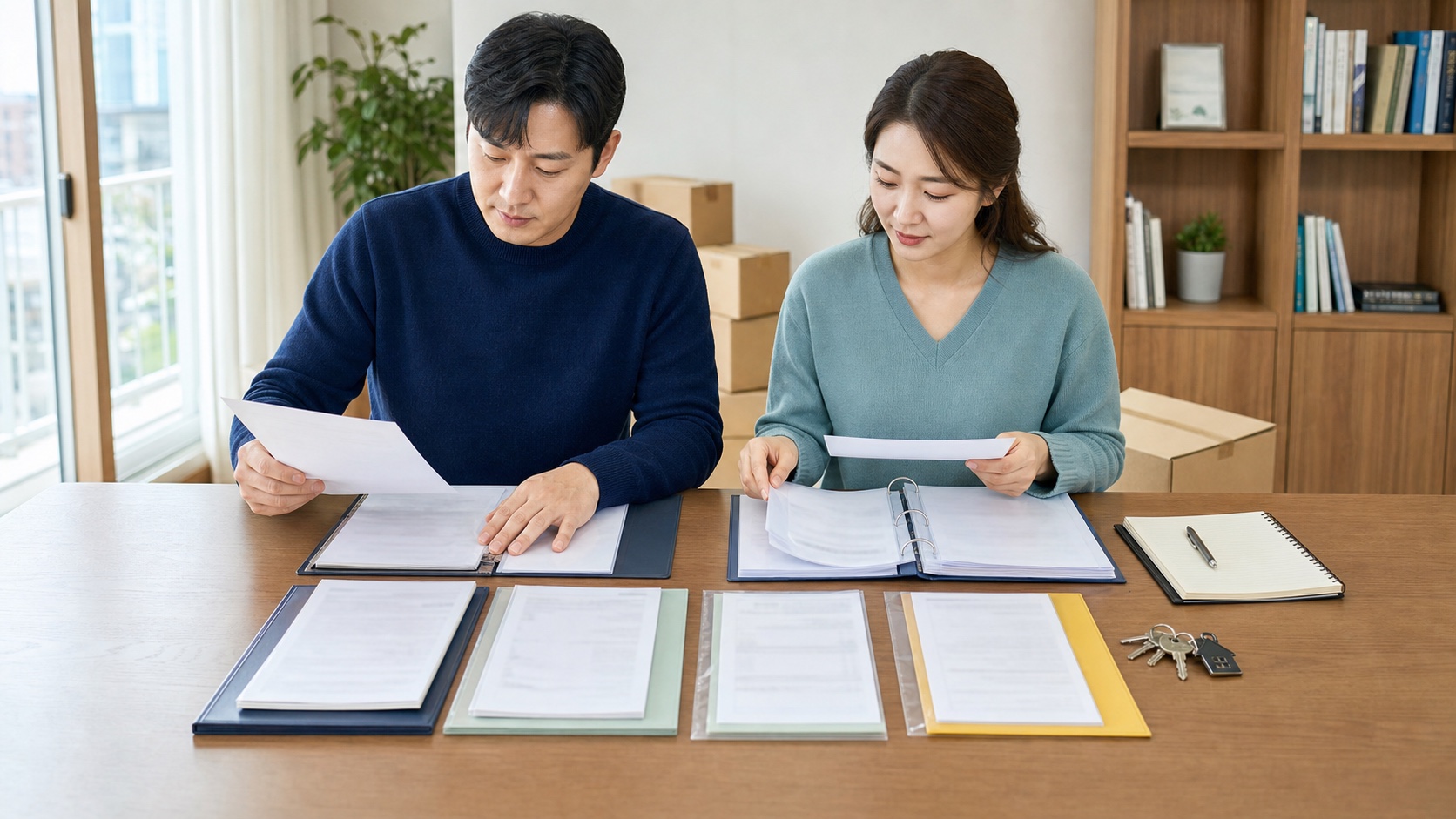 부부가 두 주택의 등기부 계약서 주민등록초본과 잔금증빙을 정리하는 모습